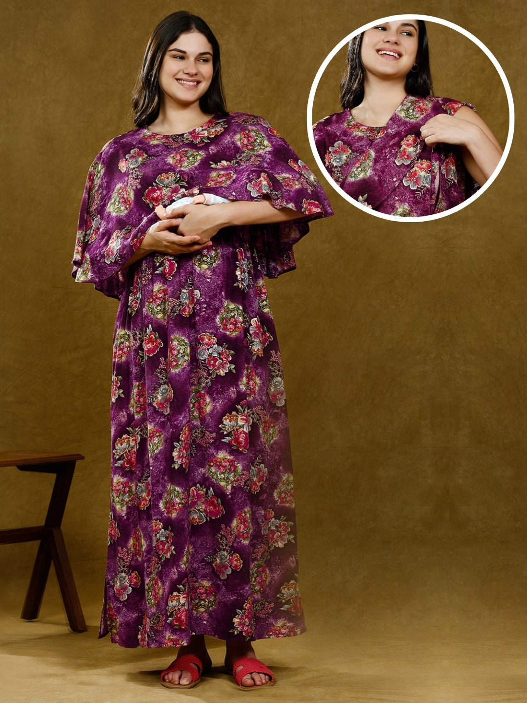TRENDY FEEDING PONCHO GOWN WITH ATTACHED CAPE