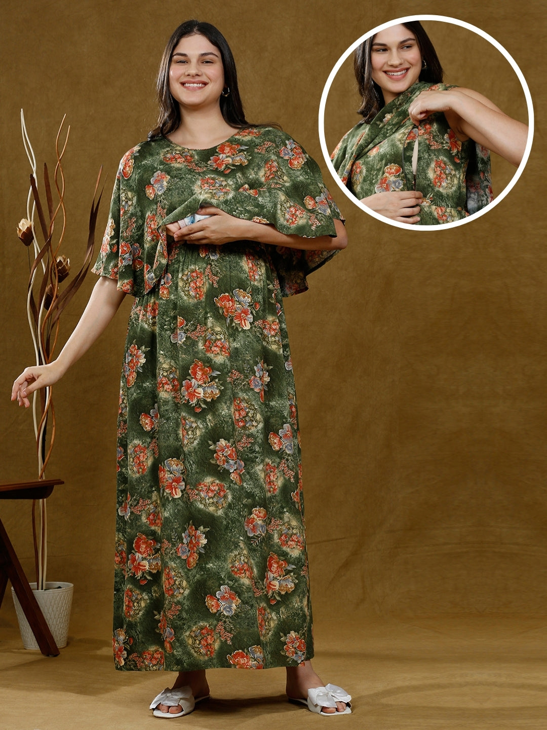 TRENDY PREGNANCY PONCHO GOWN WITH ATTACHED CAPE