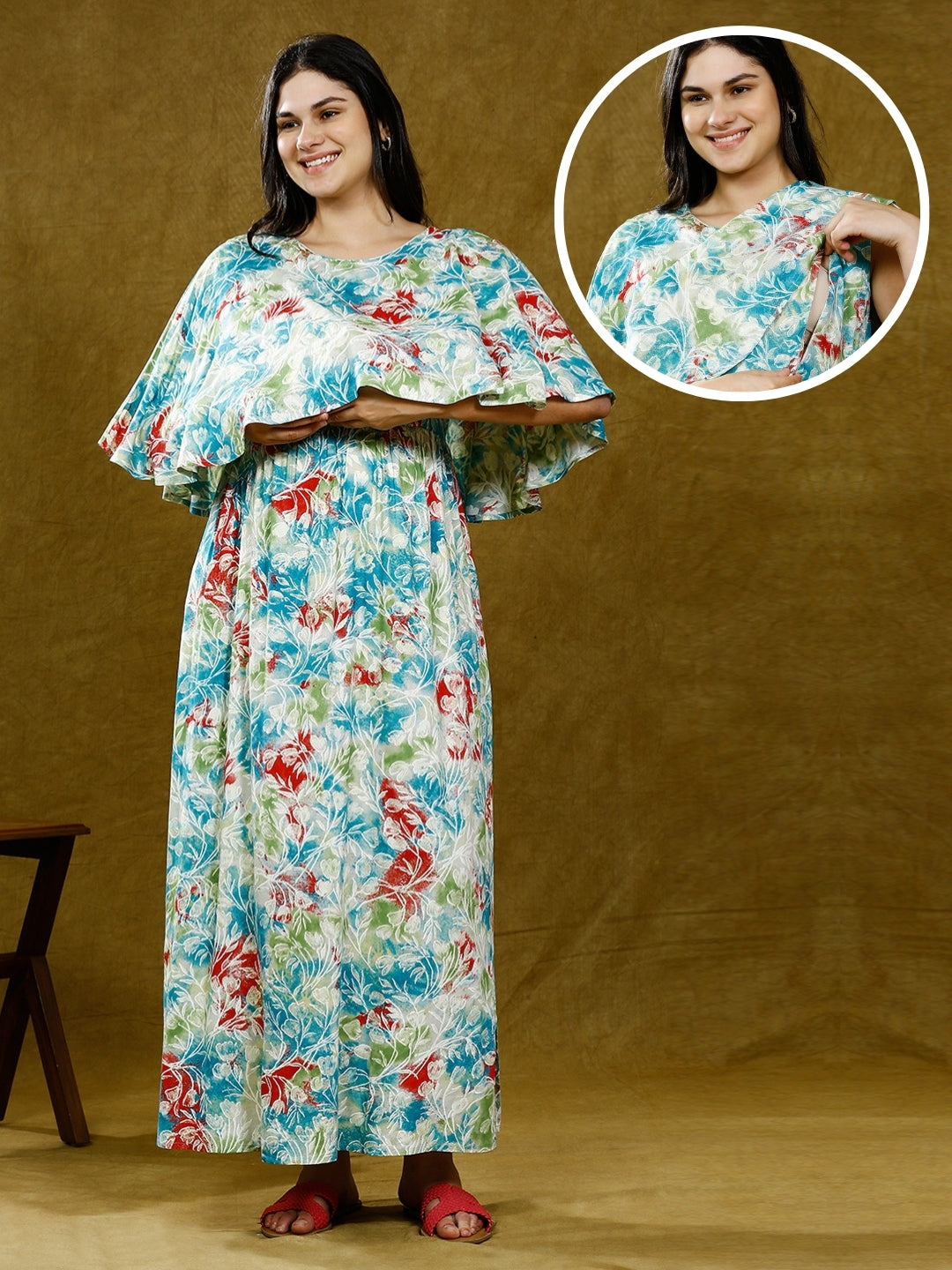 STYLISH NURSING PONCHO GOWN WITH ATTACHED CAPE