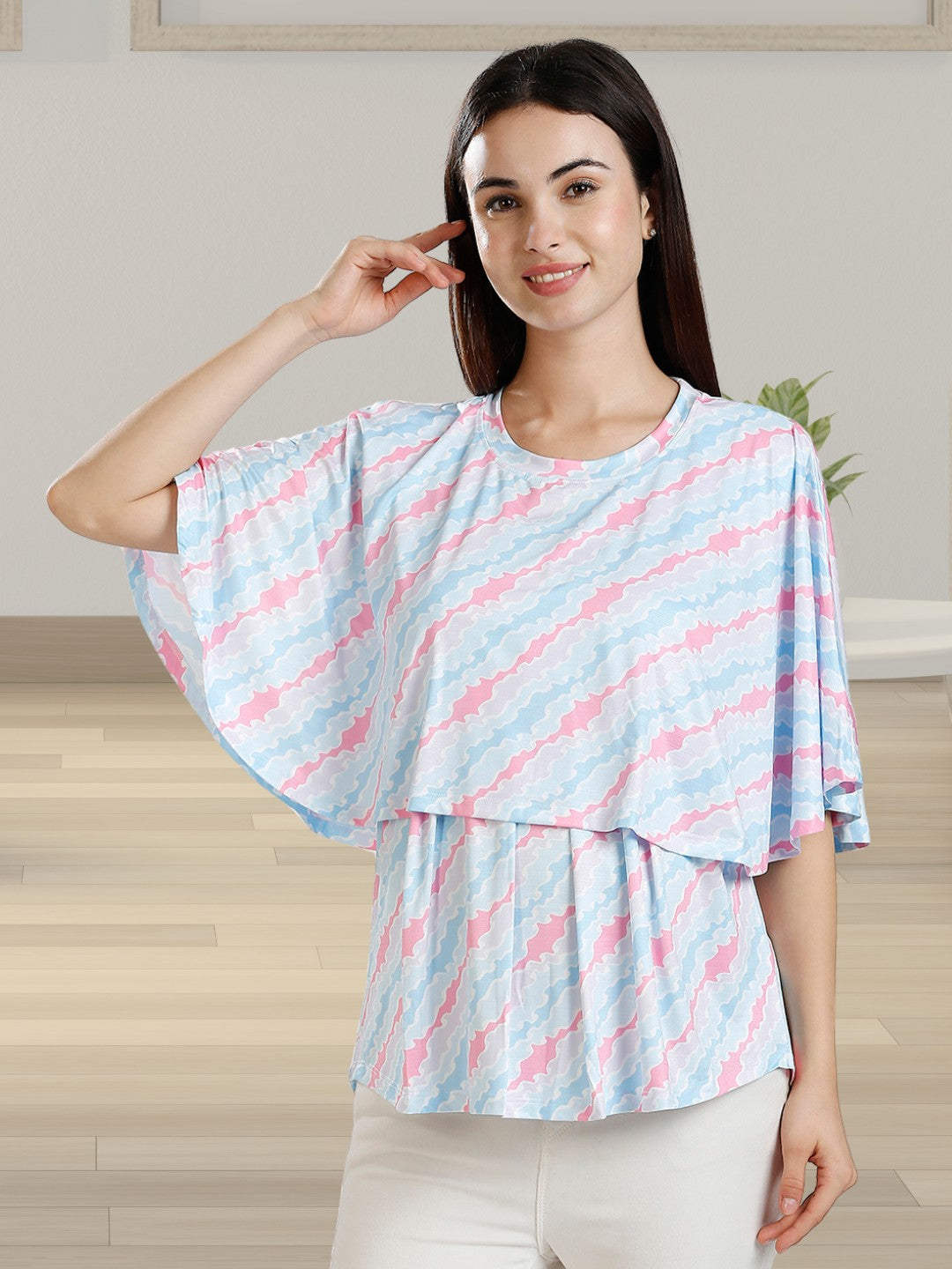 FASHIONABLE ZIPLESS NURSING TOP WITH ATTACHED CAPE