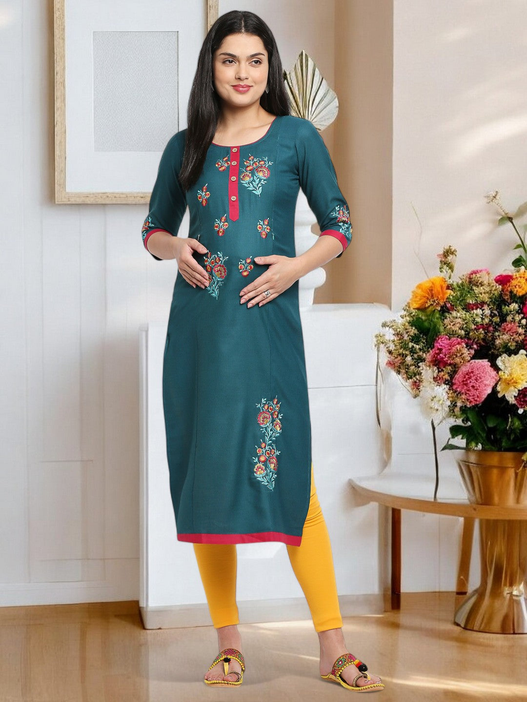 ETHNIC EMBROIDERED MATERNITY STRAIGHT KURTA