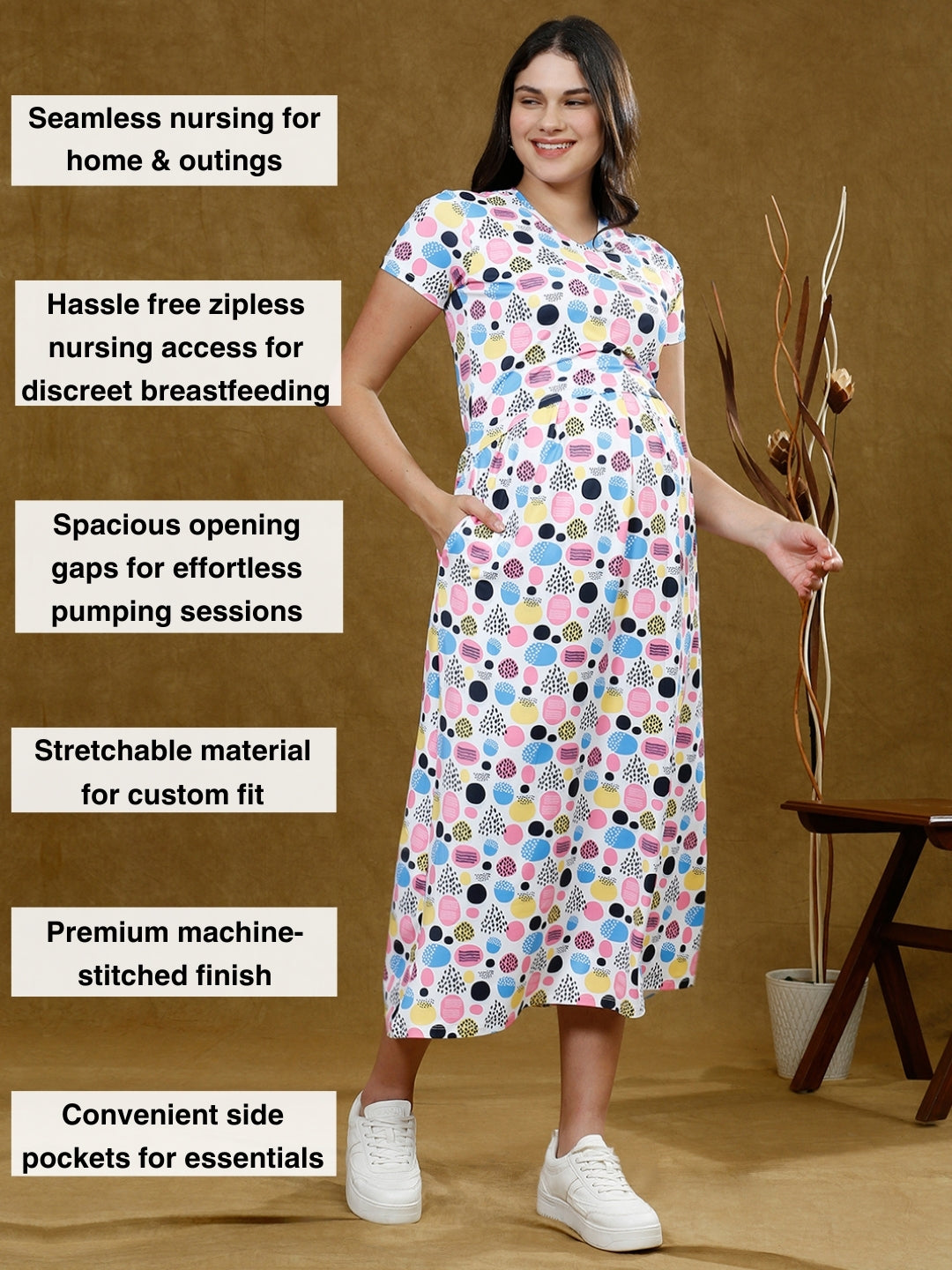 FASHIONABLE ZIPLESS NURSING DRESS WITH POCKETS
