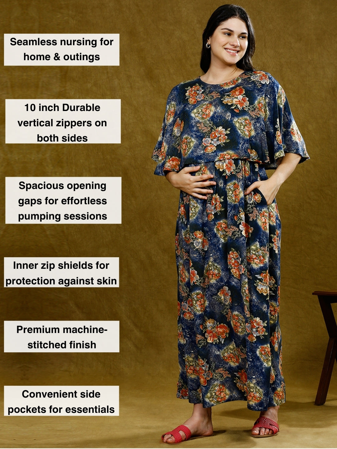 TRENDY MATERNITY PONCHO GOWN WITH ATTACHED CAPE