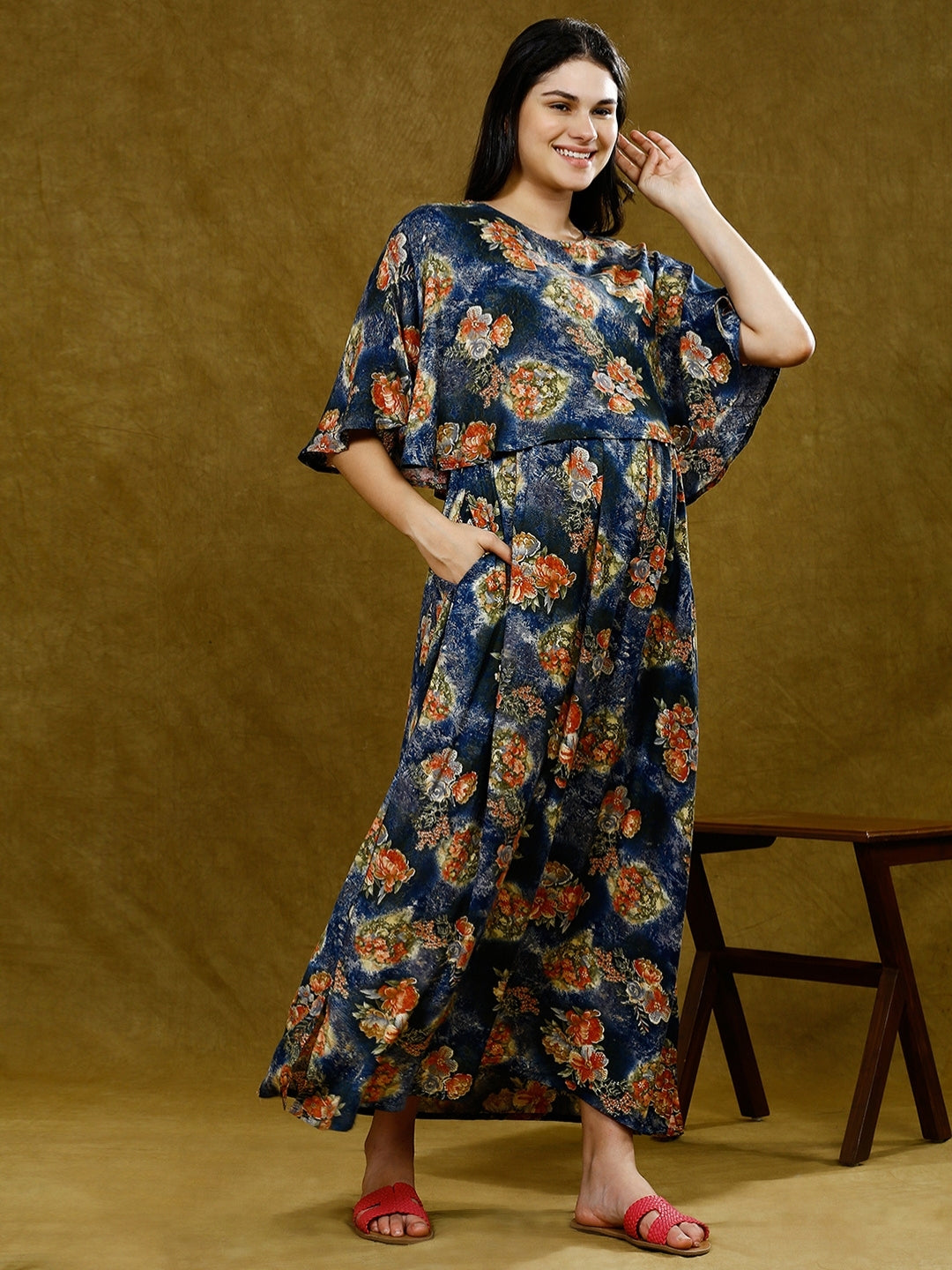 TRENDY MATERNITY PONCHO GOWN WITH ATTACHED CAPE