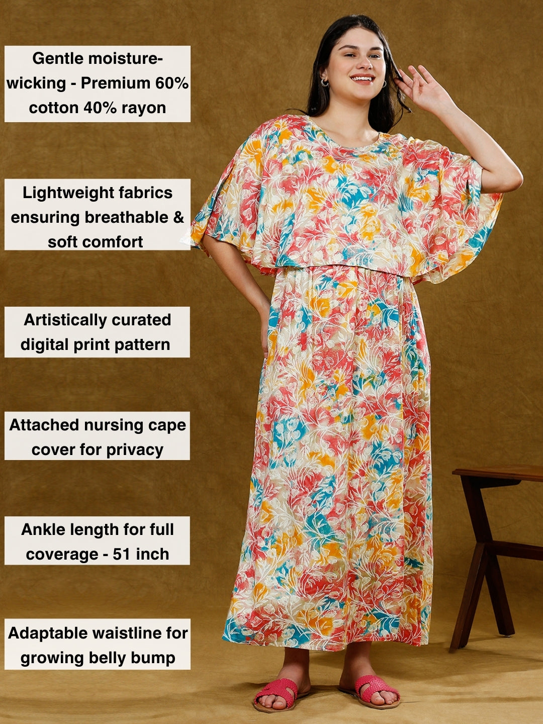 STYLISH FEEDING PONCHO GOWN WITH ATTACHED CAPE