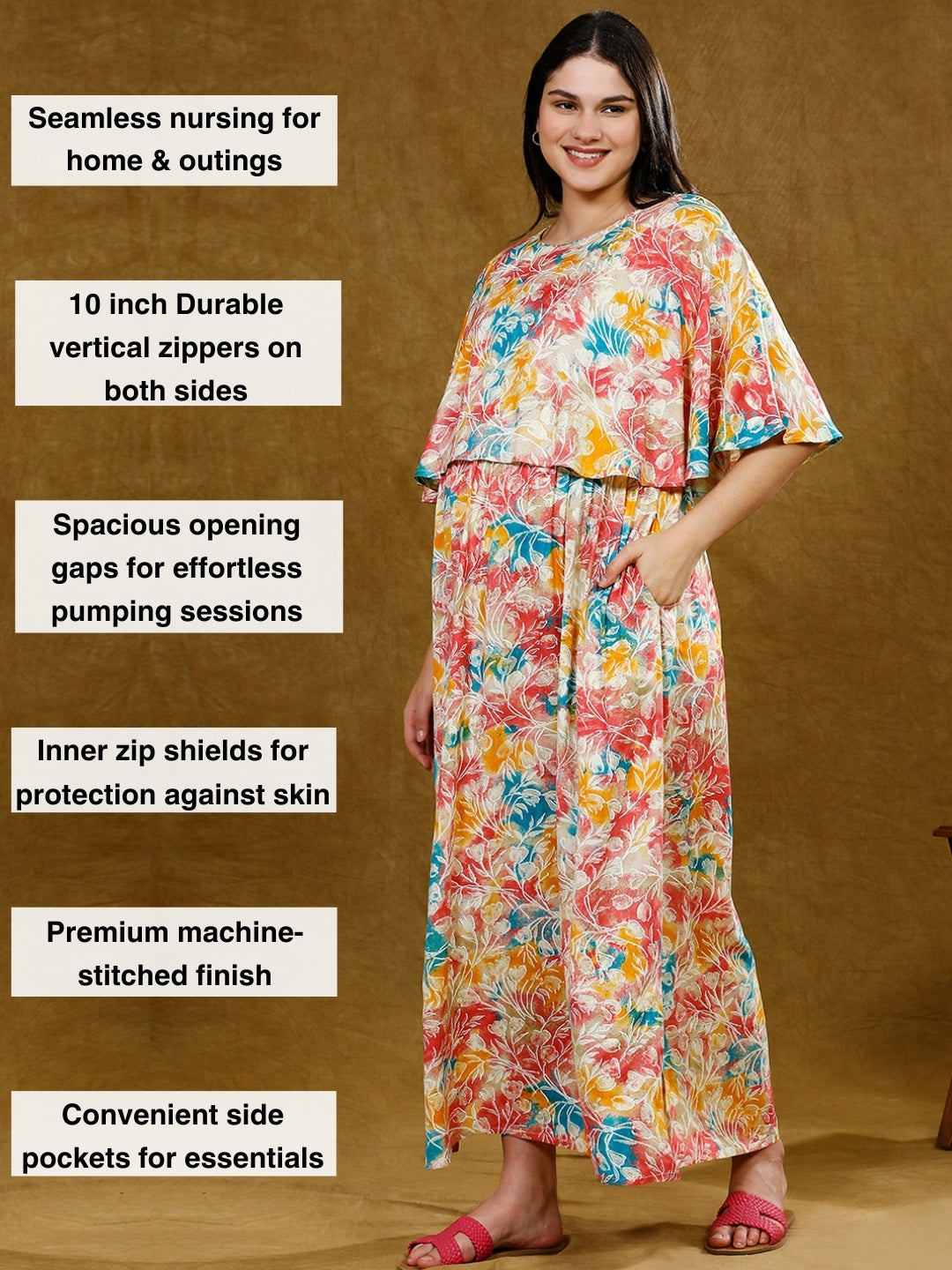 STYLISH FEEDING PONCHO GOWN WITH ATTACHED CAPE