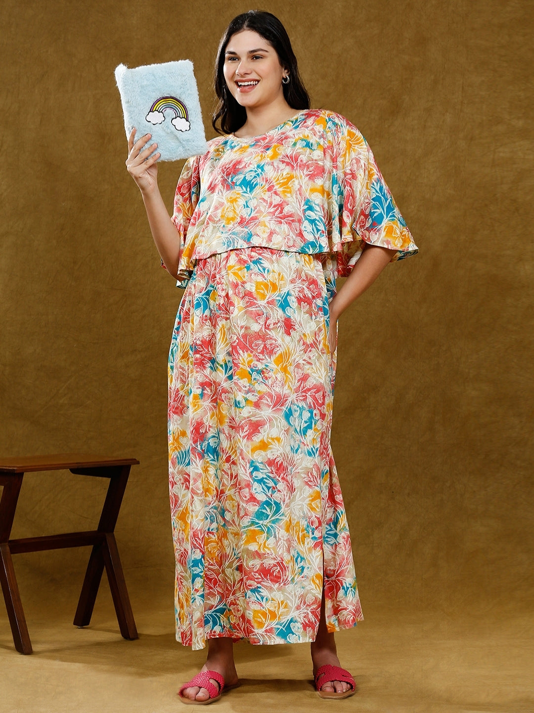 STYLISH FEEDING PONCHO GOWN WITH ATTACHED CAPE