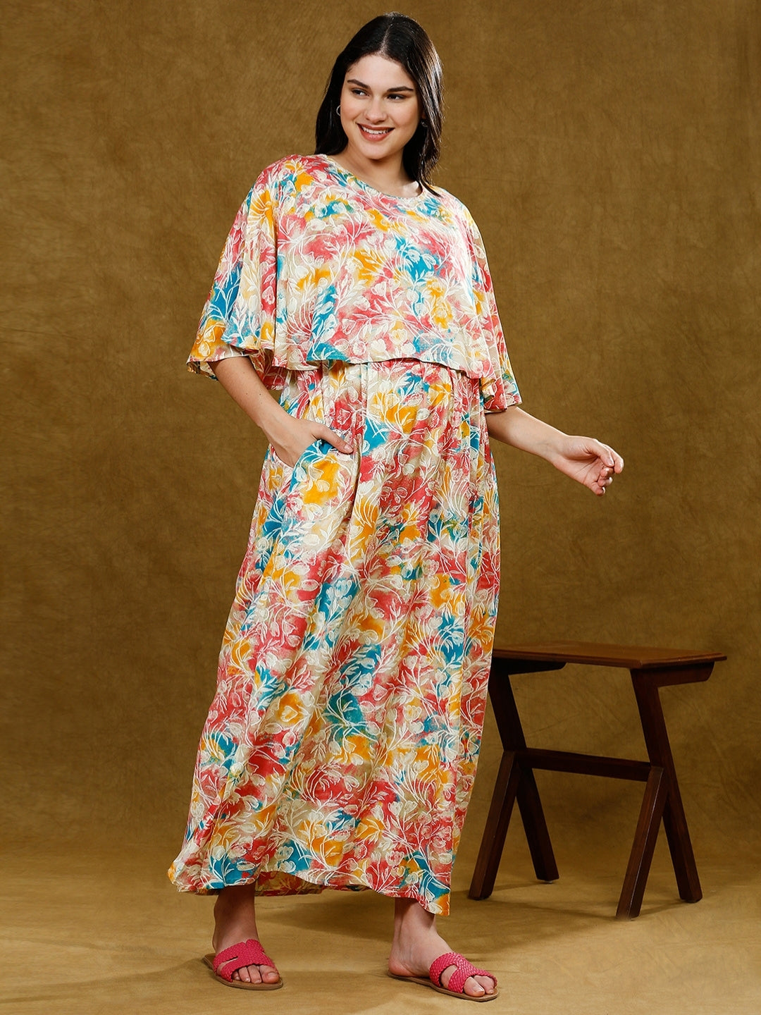 STYLISH FEEDING PONCHO GOWN WITH ATTACHED CAPE