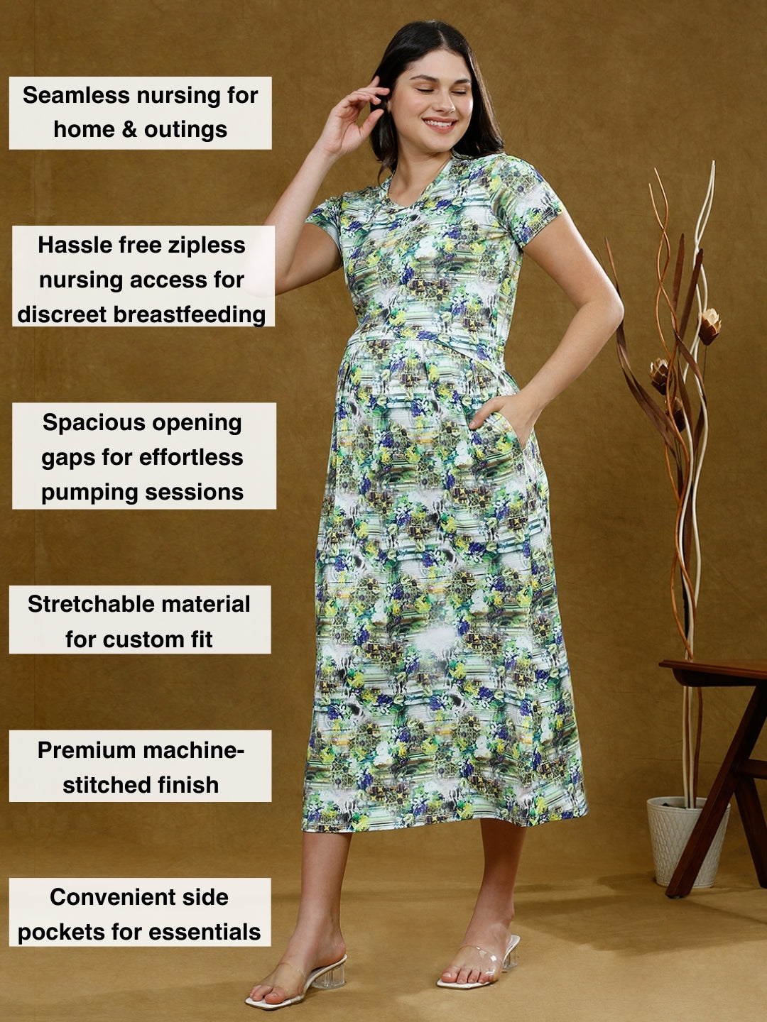 TRENDSETTING ZIPLESS NURSING DRESS WITH POCKETS