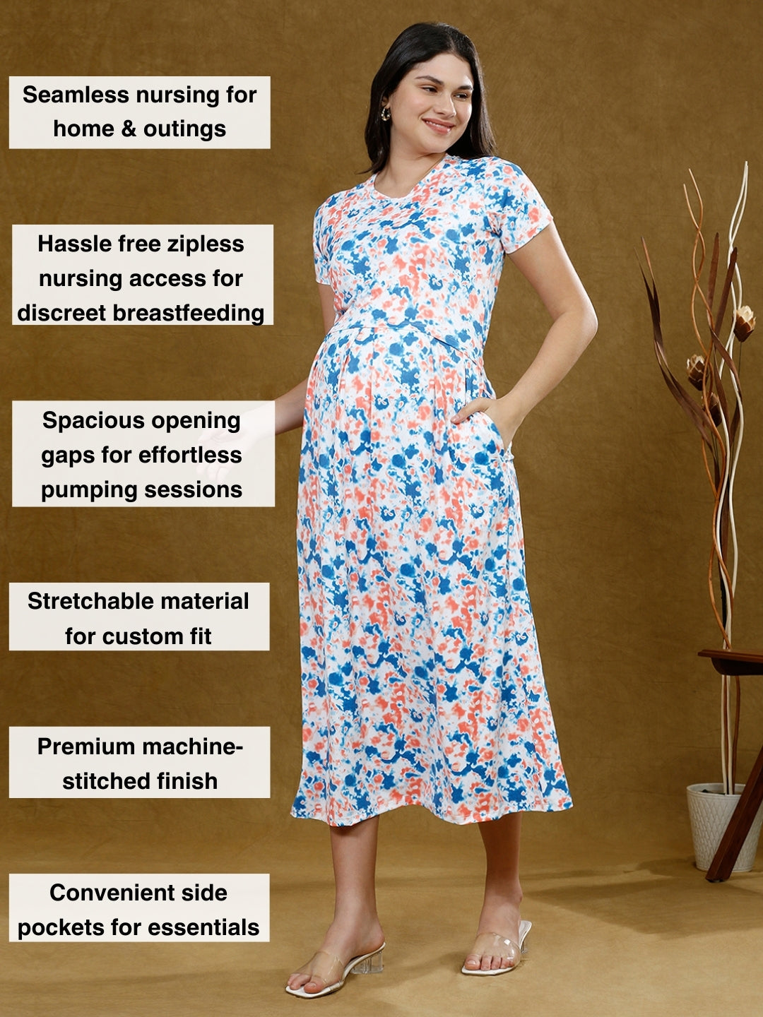 STYLISH ZIPLESS NURSING DRESS WITH POCKETS