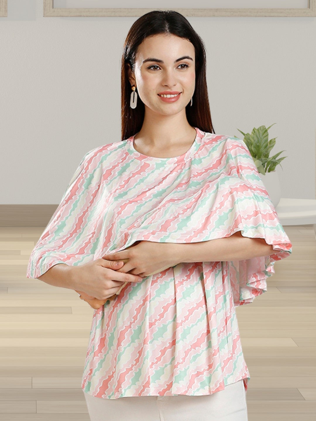 FASHIONABLE ZIPLESS FEEDING TOP WITH ATTACHED CAPE