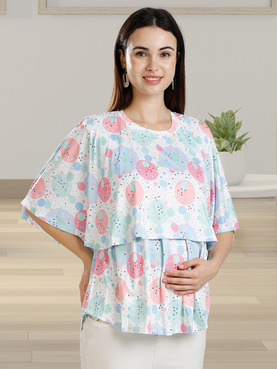 FASHIONABLE ZIPLESS PREGNANCY TOP WITH ATTACHED CAPE