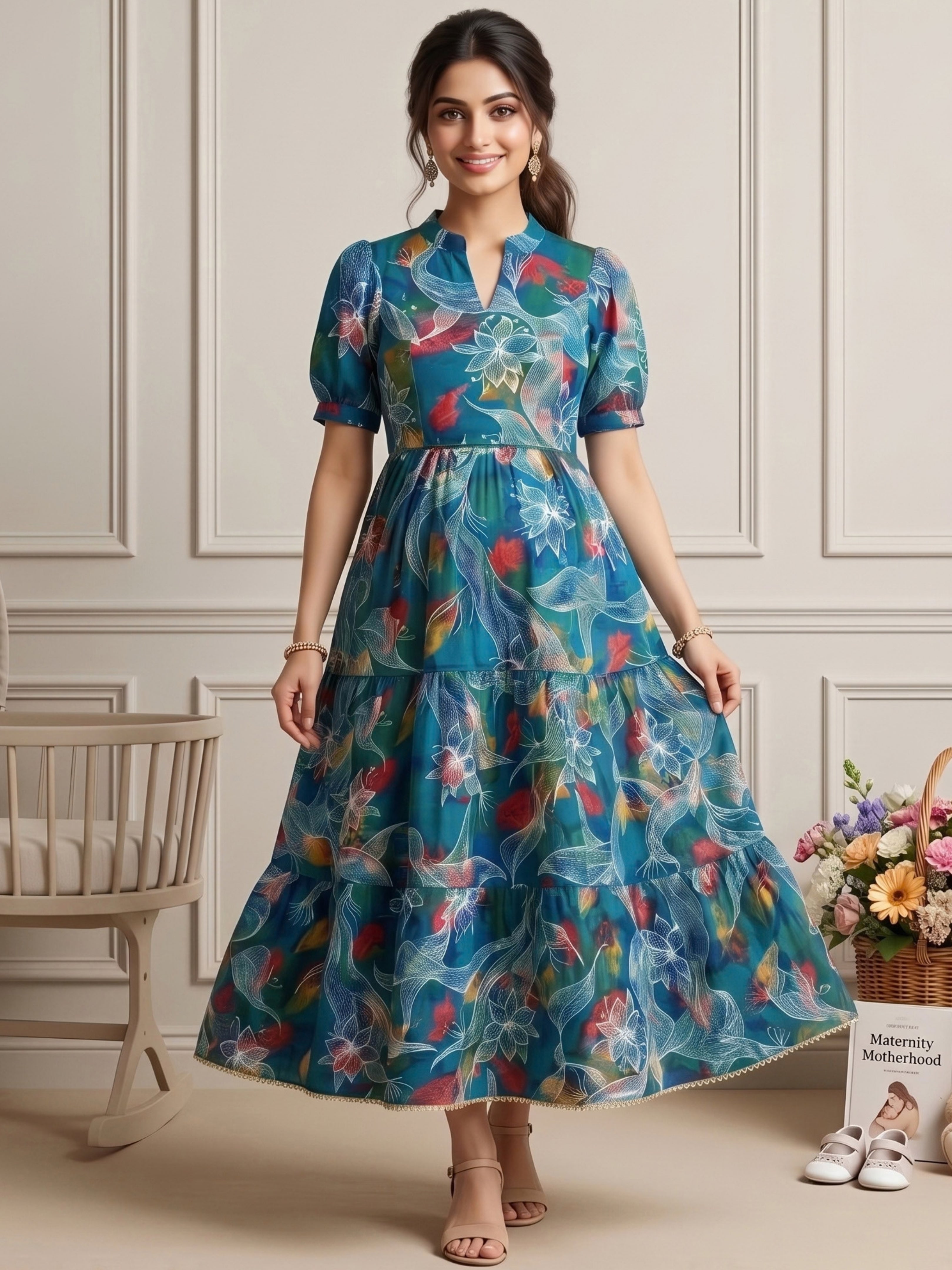 CLASSIC MATERNITY DRESS GOWN WITH NURSING ACCESS