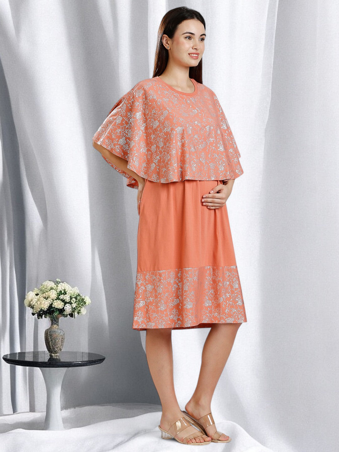 ON-TREND MATERNITY DRESS WITH ATTACHED CAPE COVER