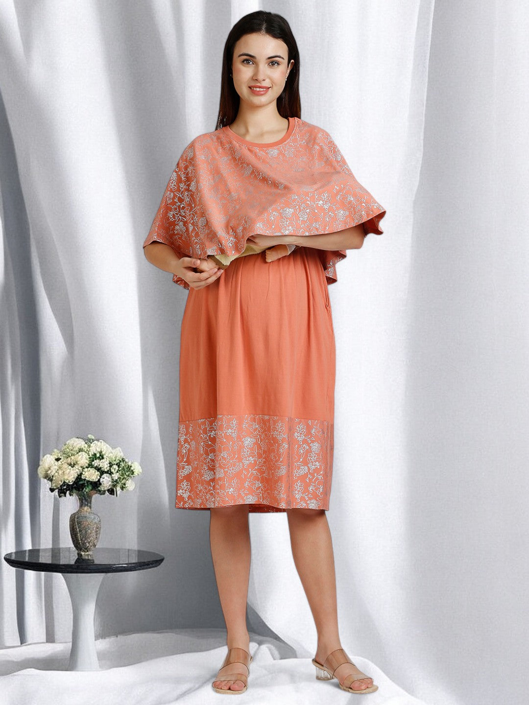 ON-TREND MATERNITY DRESS WITH ATTACHED CAPE COVER