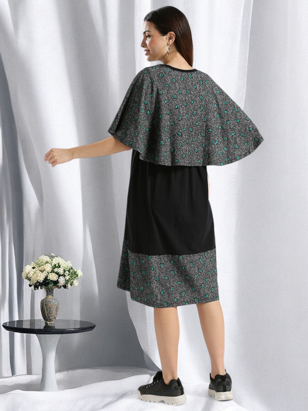 ON-TREND NURSING DRESS WITH ATTACHED CAPE COVER