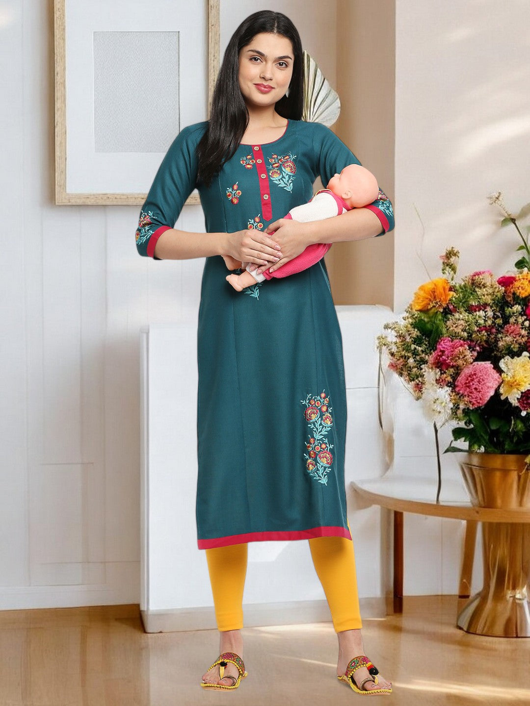 ETHNIC EMBROIDERED MATERNITY STRAIGHT KURTA
